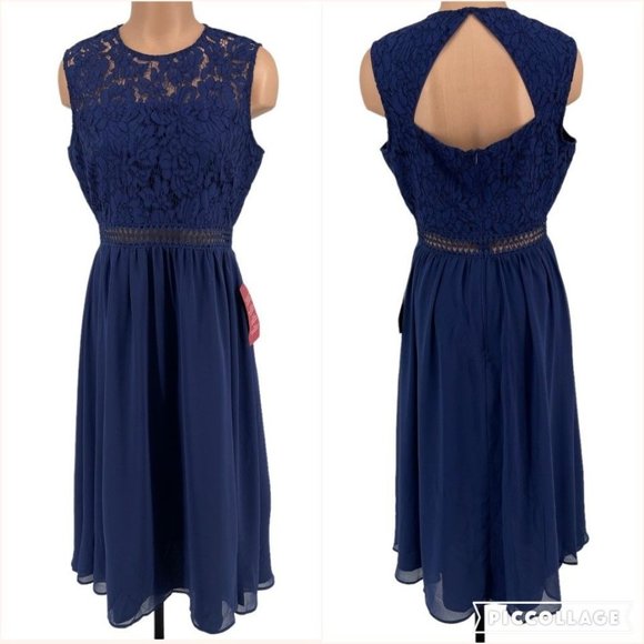 Truth & Fable Chiffon Lace Midi Dress L Cutout Waist Keyhole Back Fit Flare Navy - Picture 5 of 12